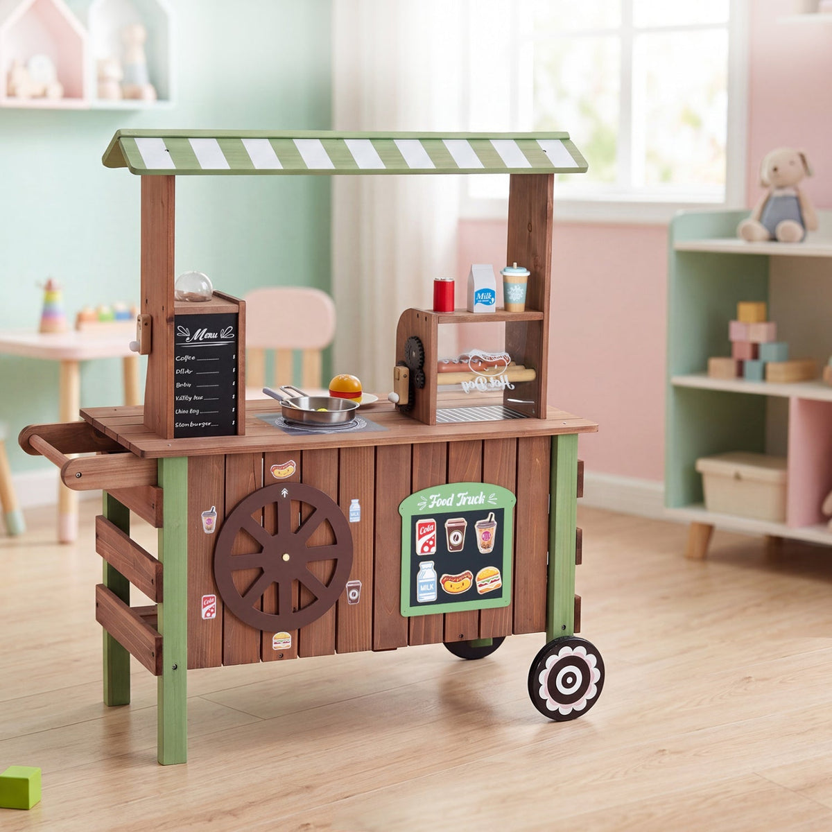Wooden grocery store playset with wheels for kids, includes shelves and shopping accessories, from GBruno Store's play kitchen sets.