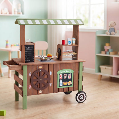Wooden grocery store playset with wheels for kids, includes shelves and shopping accessories, from GBruno Store's play kitchen sets.