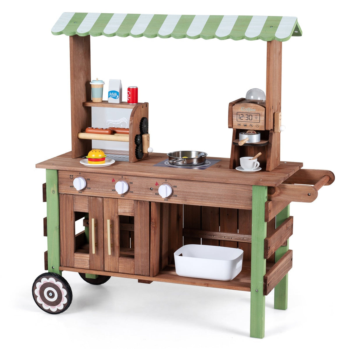 Wooden grocery store playset with wheels for kids, featuring colorful shelves, food items, and play kitchen accessories by GBruno Store.