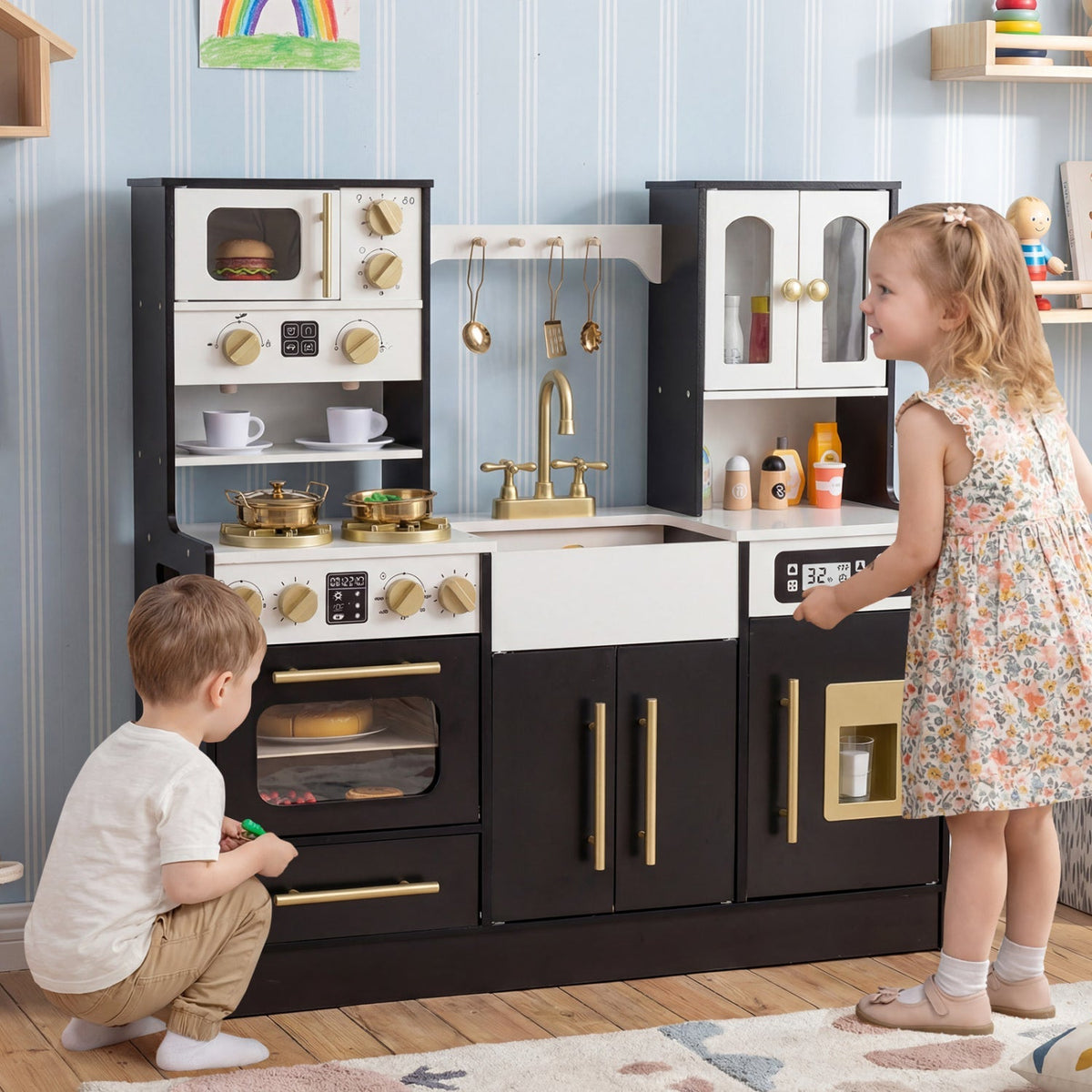 Wooden kids kitchen playset with realistic lights and sounds, featuring a stove, sink, and storage for imaginative play.