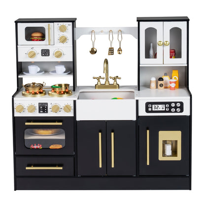 Wooden kids kitchen playset by GBruno Store featuring realistic lights, sounds, and play utensils on a colorful toy kitchen.