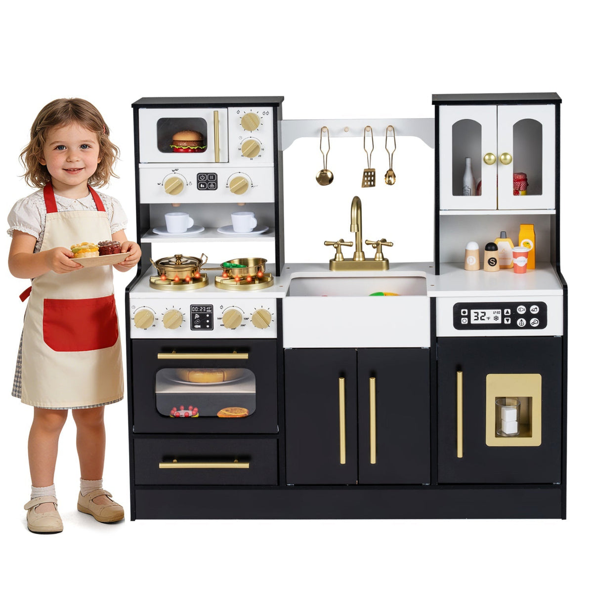 Wooden kids kitchen playset by GBruno with realistic lights, sounds, and detailed cooking accessories for imaginative play.