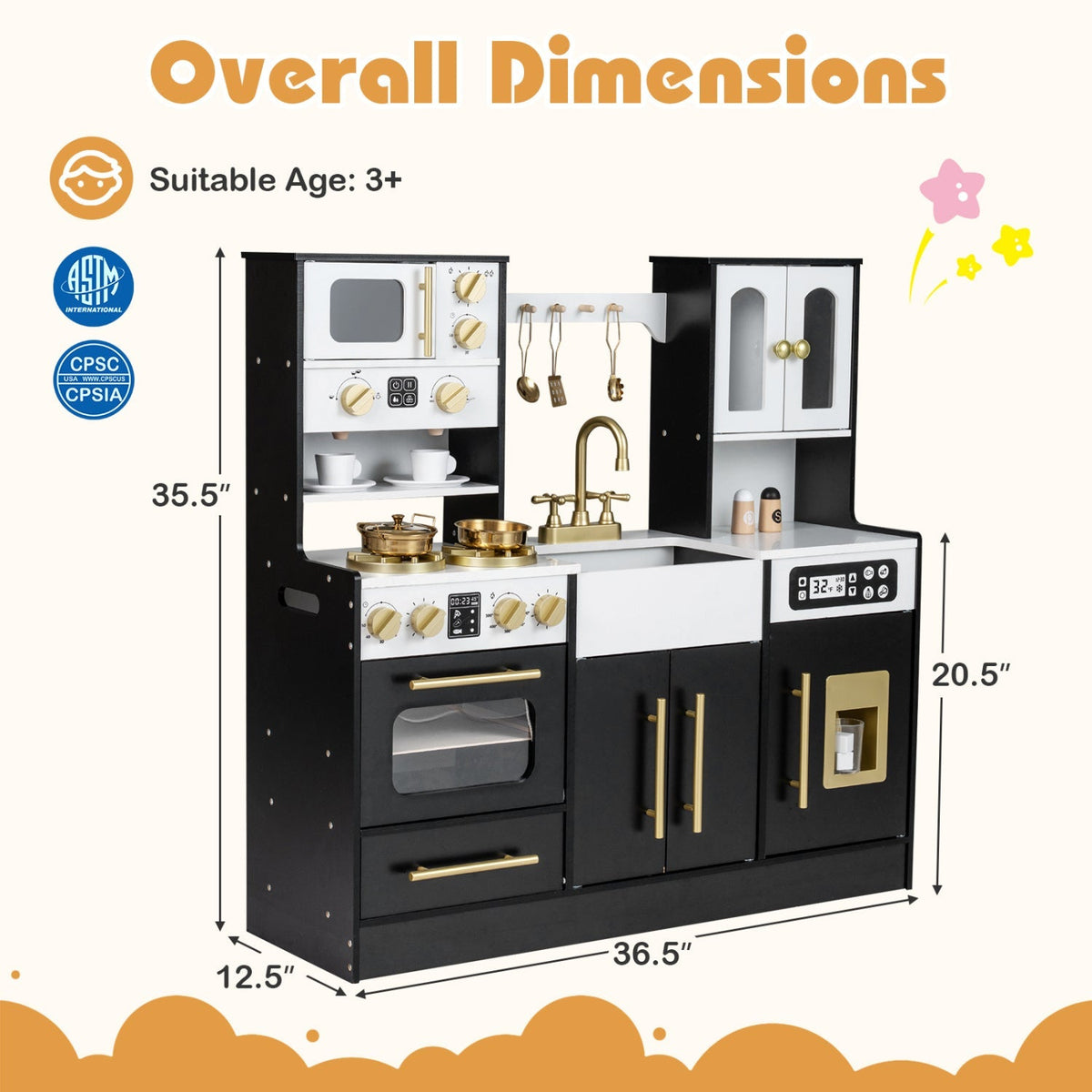 Wooden kids kitchen playset by GBruno Store with realistic lights, sounds, stove, sink, and utensils for imaginative play.