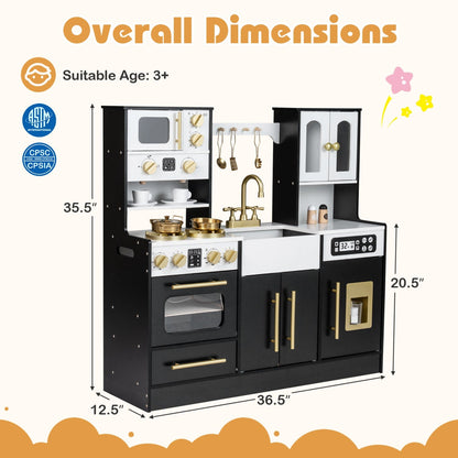 Wooden kids kitchen playset by GBruno Store with realistic lights, sounds, stove, sink, and utensils for imaginative play.
