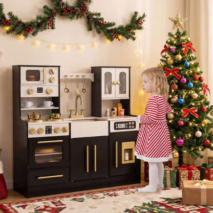 Wooden kids kitchen playset by GBruno Store featuring realistic lights, sounds, and detailed kitchen accessories for imaginative play.