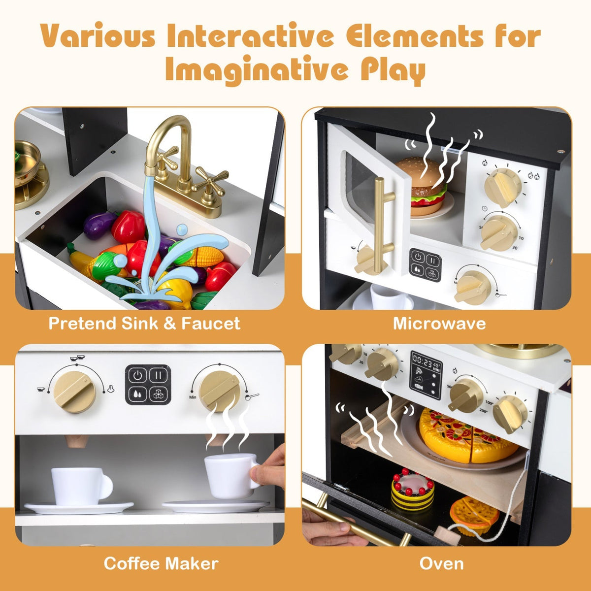 Wooden kids kitchen playset with realistic lights and sounds, featuring stove, sink, and utensils for imaginative play.