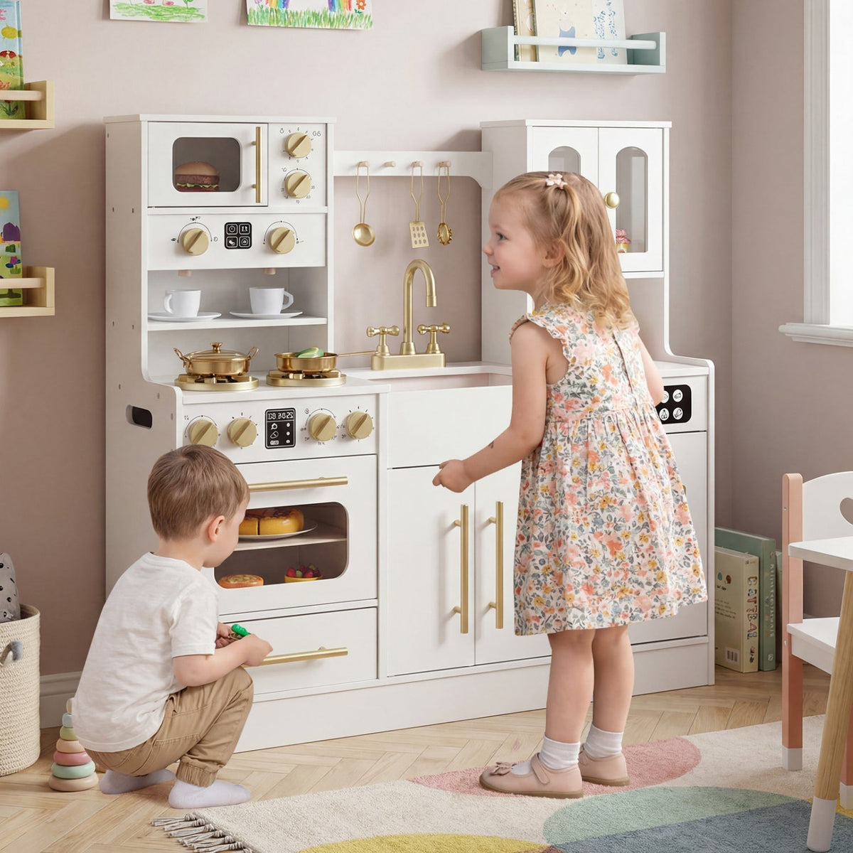 Wooden kids kitchen playset by GBruno Store featuring realistic lights, sounds, stove, sink, and play utensils.