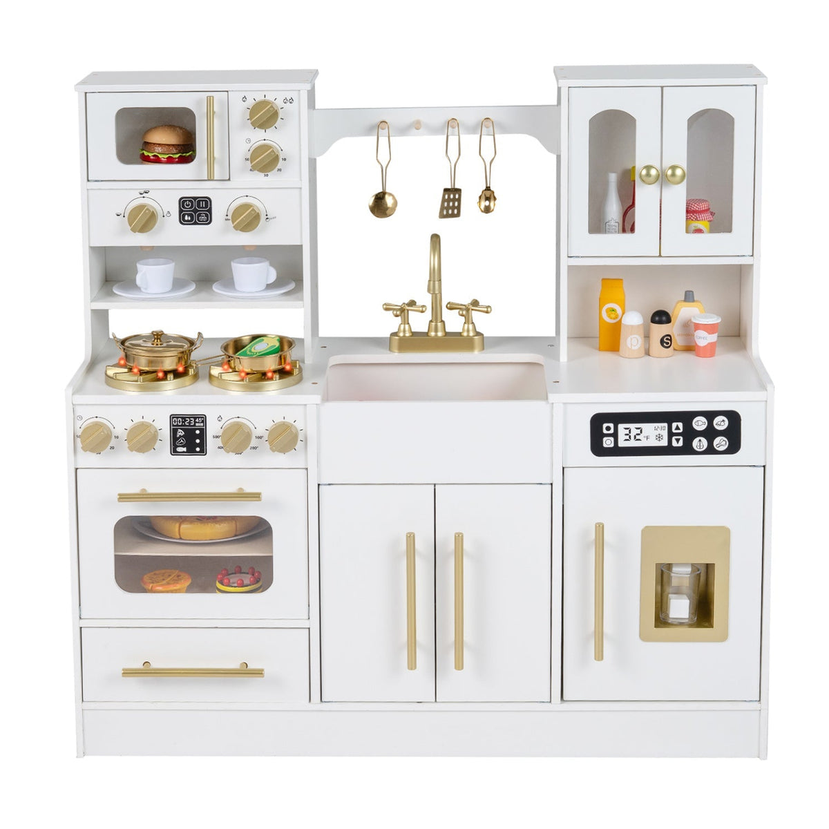 Wooden kids kitchen playset with realistic lights and sounds, featuring a compact and colorful design for imaginative play.