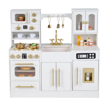 Wooden kids kitchen playset with realistic lights and sounds, featuring a compact and colorful design for imaginative play.