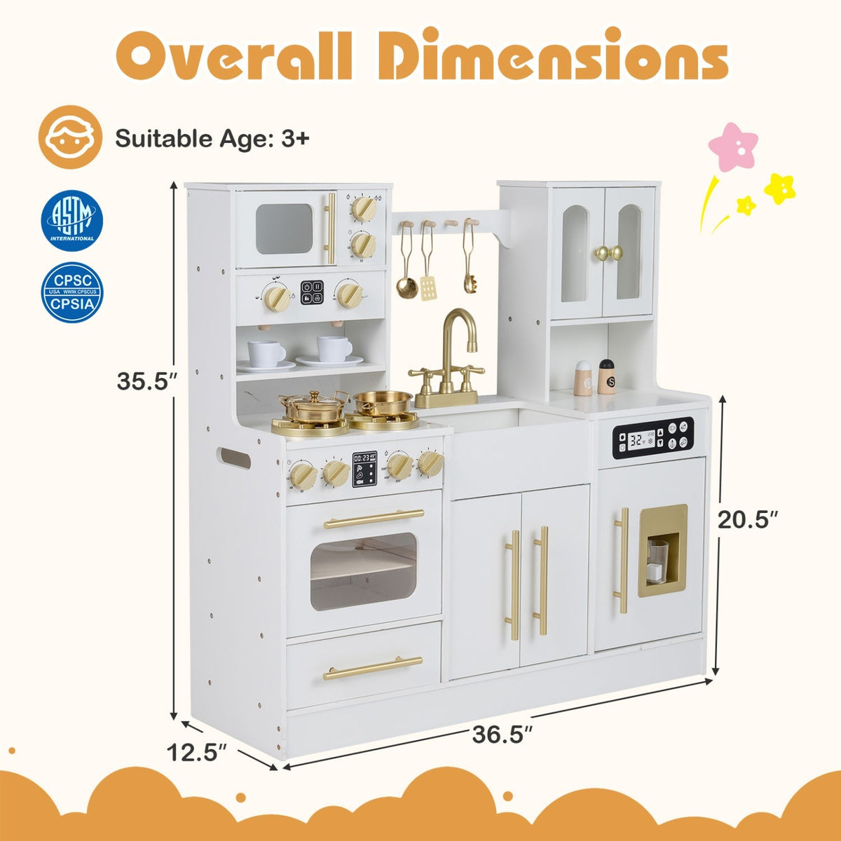 Wooden kids kitchen playset with realistic lights and sounds, featuring a compact design for imaginative play.