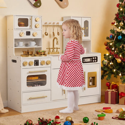 Wooden kids kitchen playset with realistic lights and sounds, featuring a durable GBruno Store design for imaginative play.