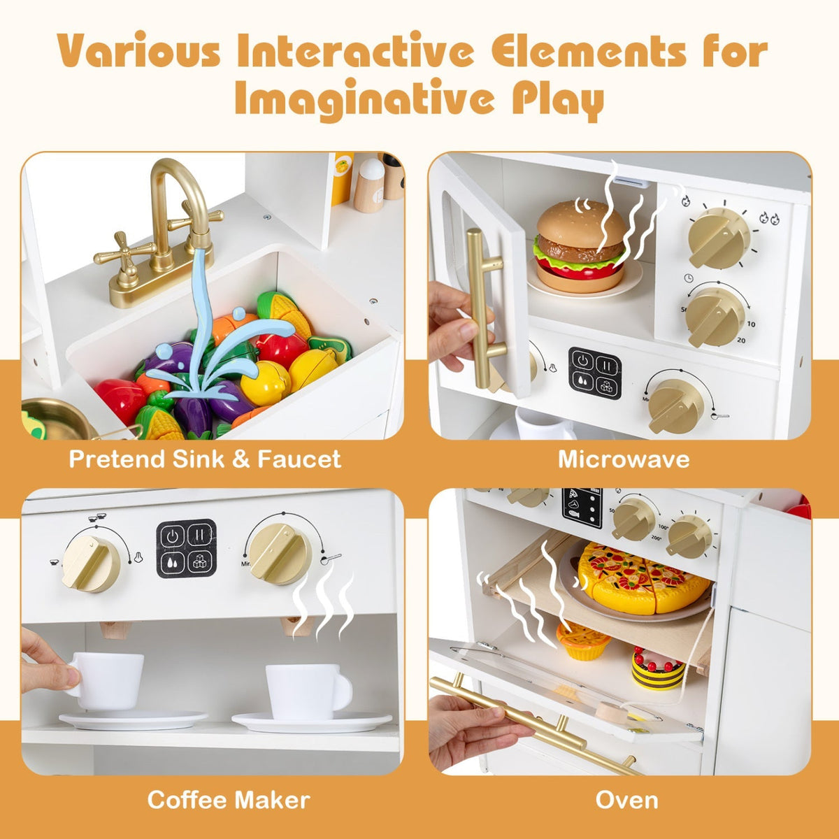 Wooden kids kitchen playset with realistic lights and sounds, featuring a miniature stove, sink, and storage from GBruno Store