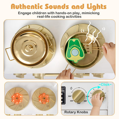 Wooden kids kitchen playset with realistic lights and sounds, featuring stove, sink, and accessories for imaginative play.