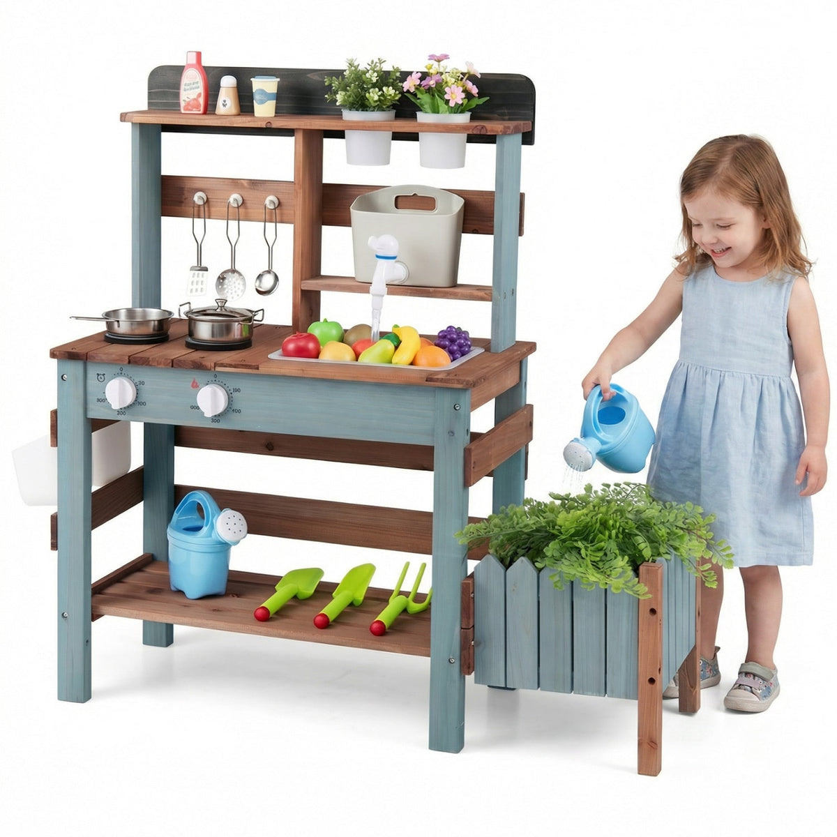 Wooden mud kitchen set with running water faucet and tank, ideal for imaginative play and outdoor activities.