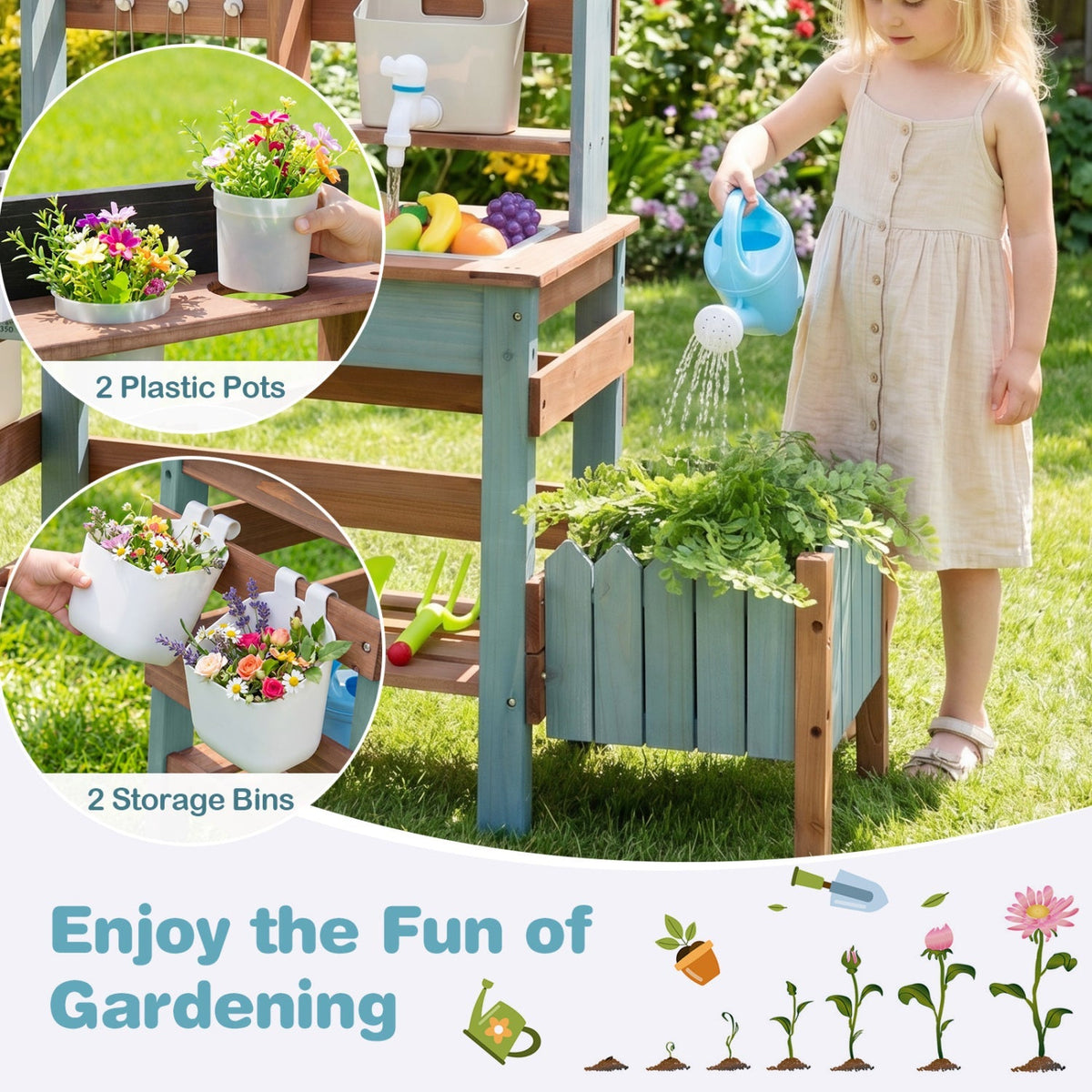 Wooden mud kitchen set with running water faucet and tank, ideal for children's outdoor play and imaginative cooking.