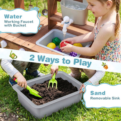 Wooden mud kitchen set by GBruno Store featuring a running water faucet, sink, and play utensils for kids' outdoor pretend play.