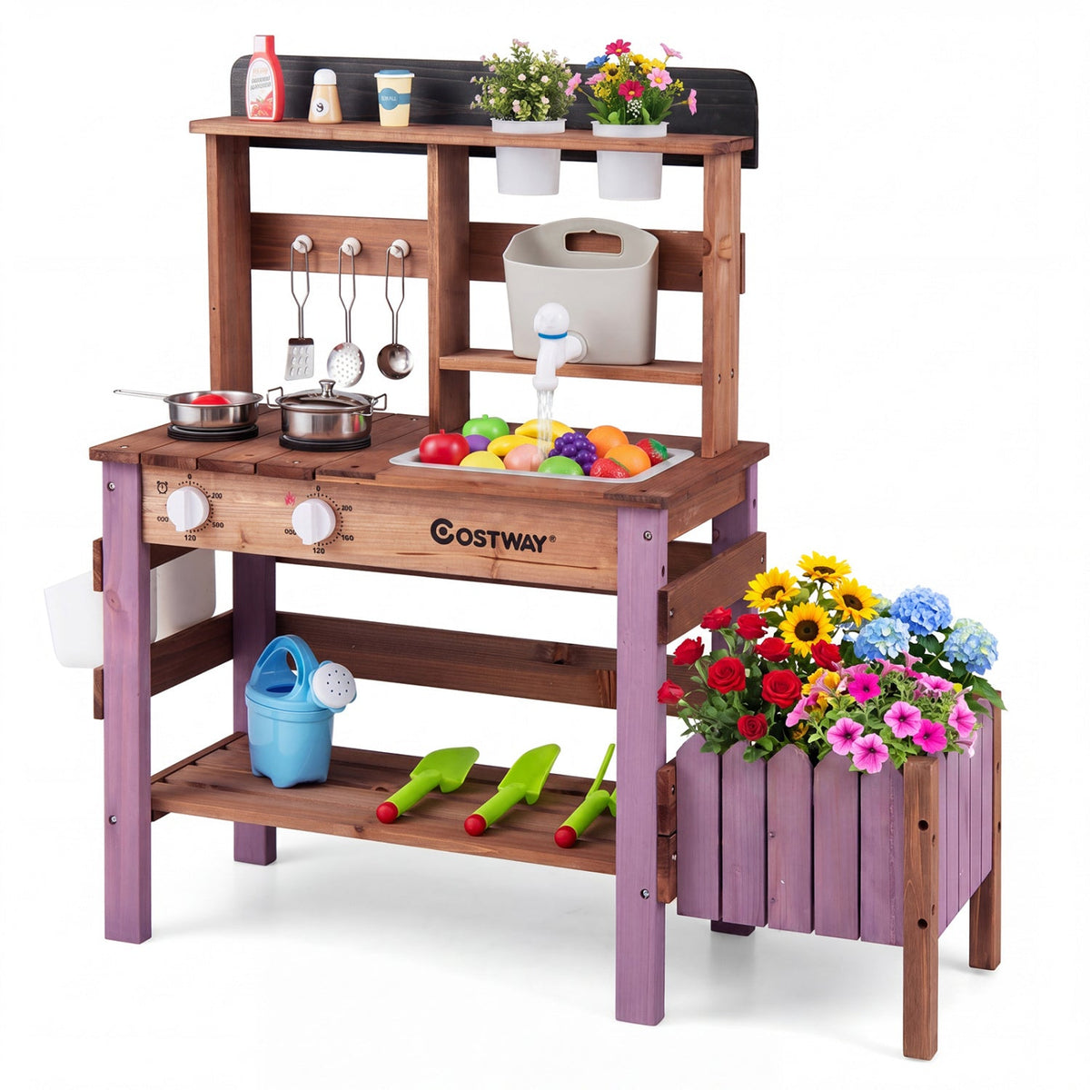 Wooden mud kitchen set with running water faucet and tank, ideal for imaginative play and outdoor fun.