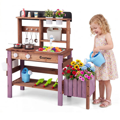 Wooden mud kitchen set with running water faucet and tank, ideal for imaginative play and outdoor fun for kids.