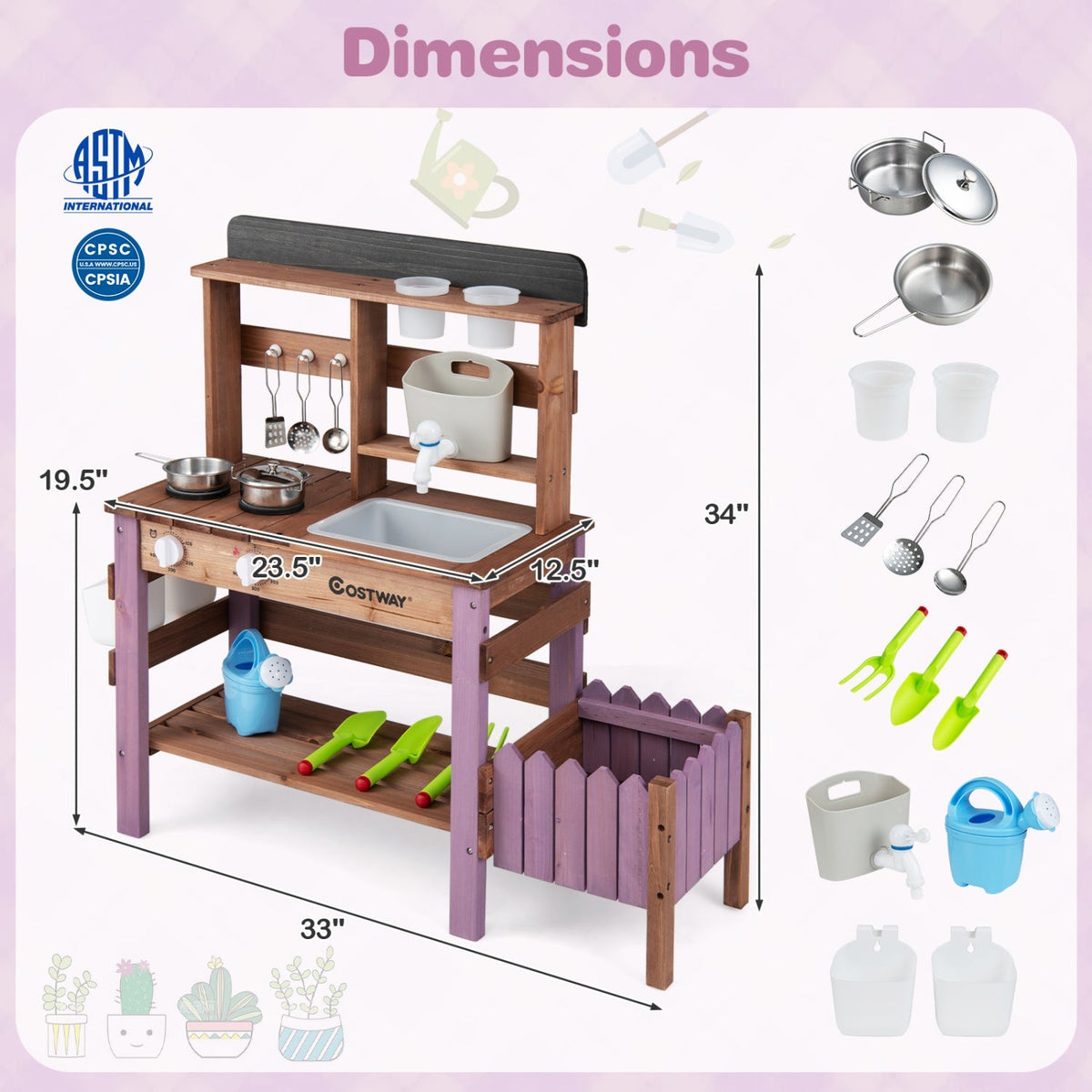 Wooden mud kitchen set with running water faucet, includes tank, designed for imaginative outdoor play by GBruno Store.