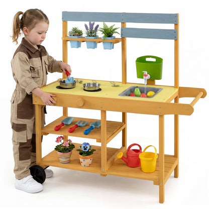 Wooden outdoor mud kitchen for kids with yellow play kitchen design, featuring wheels for easy mobility, by GBruno Store.