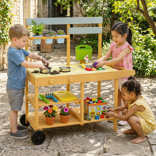 Yellow wooden outdoor play kitchen with wheels for kids, featuring a mud kitchen design and realistic details by GBruno Store.