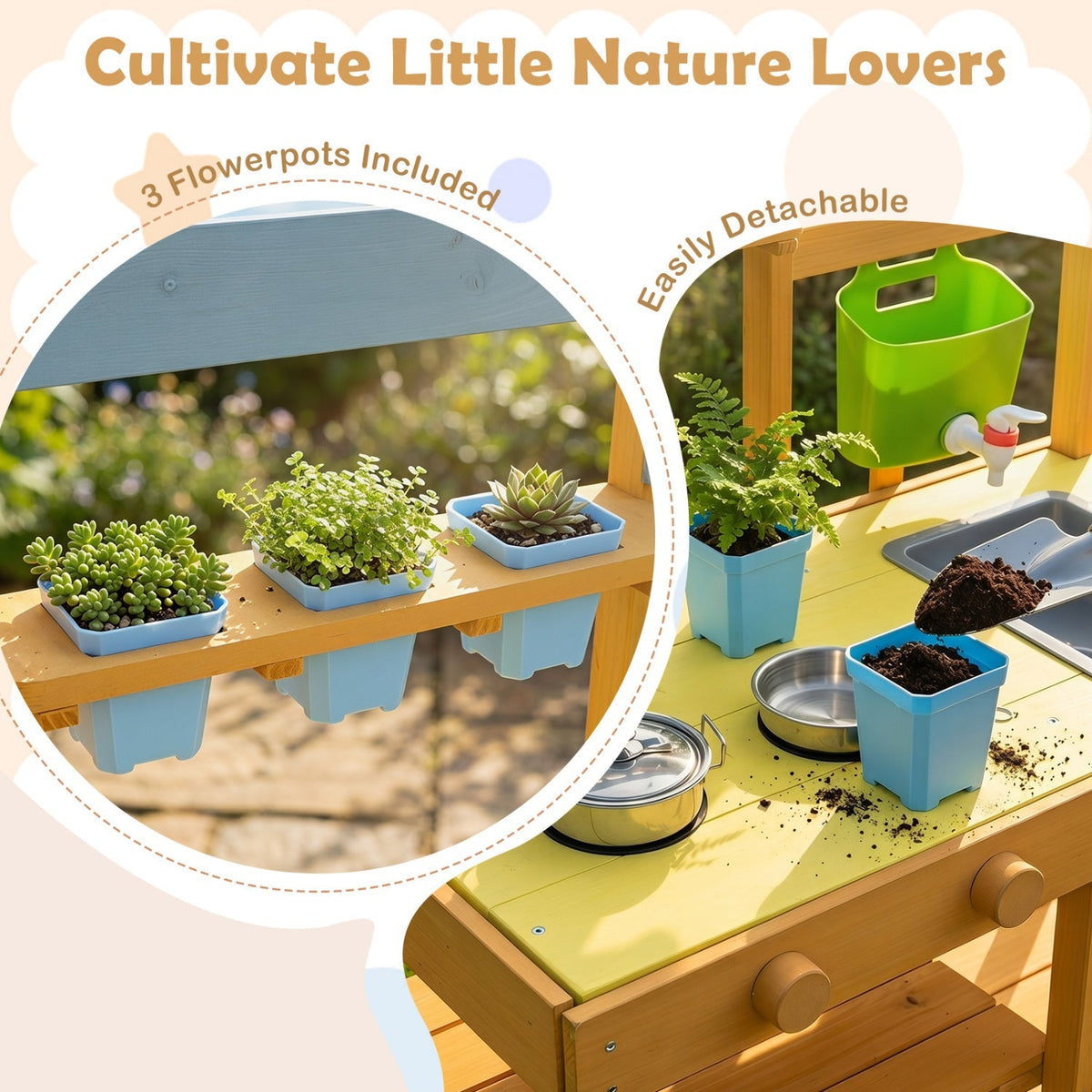Wooden outdoor play kitchen for kids with wheels, yellow GBruno Store mud kitchen with outdoor-friendly design and realistic features.