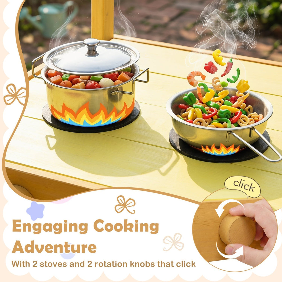 Wooden outdoor mud kitchen for kids with yellow play kitchen design and wheels, perfect for outdoor imaginative play.