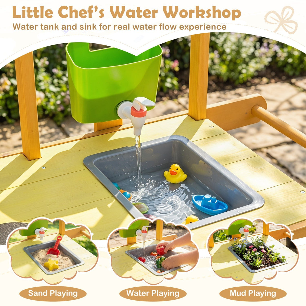 Yellow wooden outdoor mud kitchen for kids with wheels, featuring play utensils and a realistic kitchen setup for outdoor fun.
