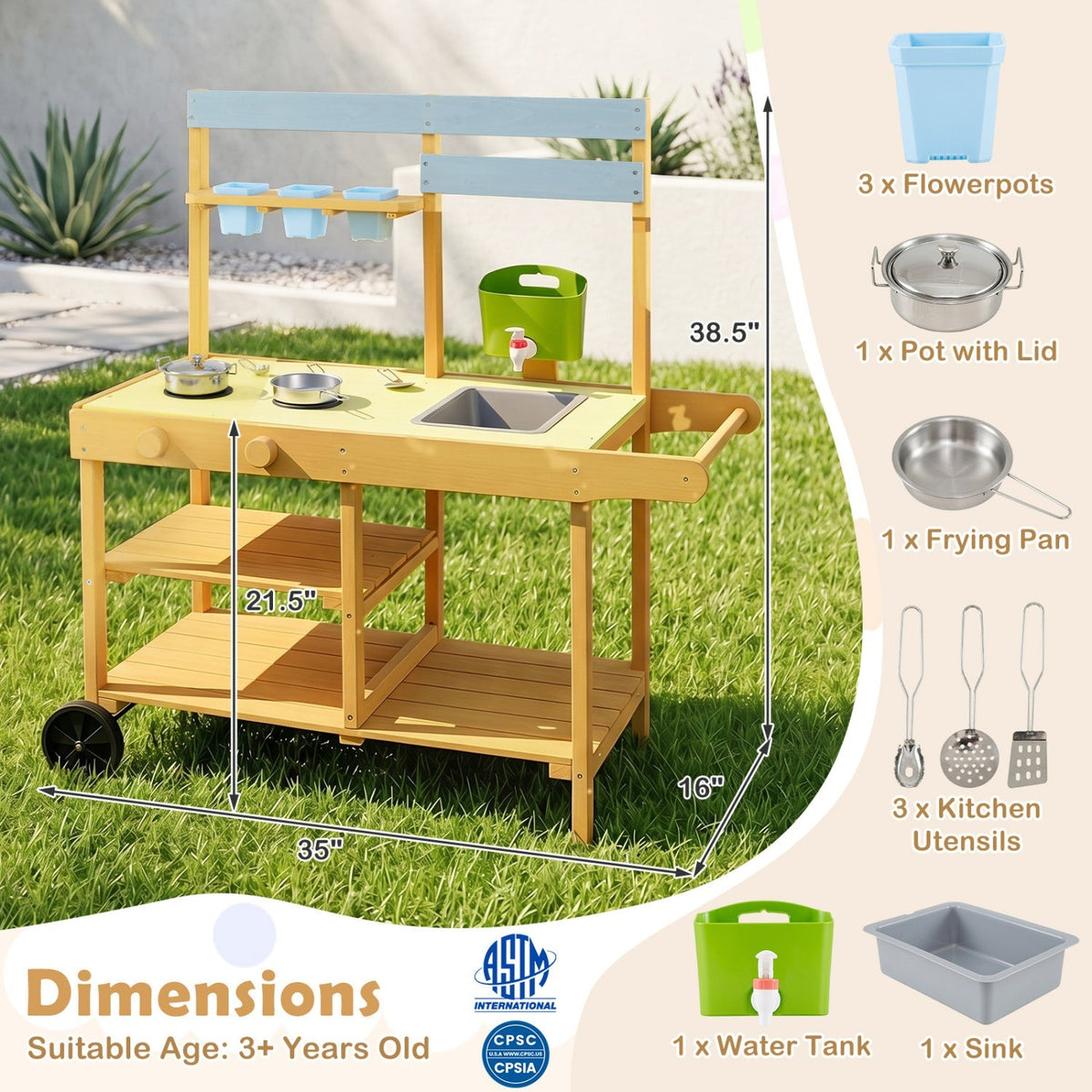 Yellow wooden outdoor mud kitchen for kids with wheels, featuring play sink, stove, and storage, by GBruno Store.