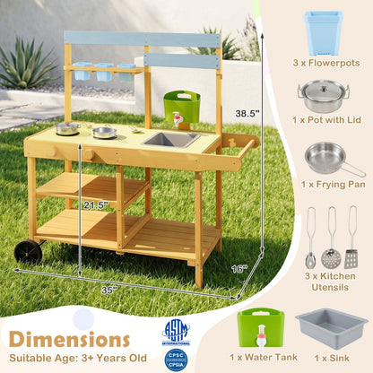 Yellow wooden outdoor mud kitchen for kids with wheels, featuring play sink, stove, and storage, by GBruno Store.