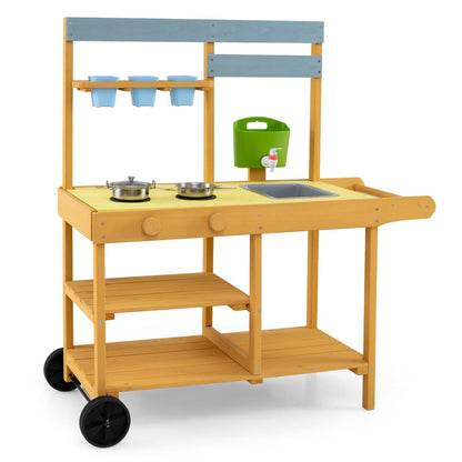 Yellow wooden outdoor play kitchen for kids with wheels, featuring realistic details for imaginative outdoor fun.