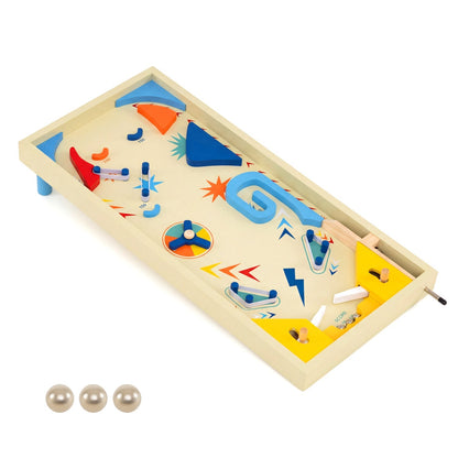 Wooden pinball machine with three colorful balls, suitable for kids 8+ and adults, featuring classic design and wooden construction.