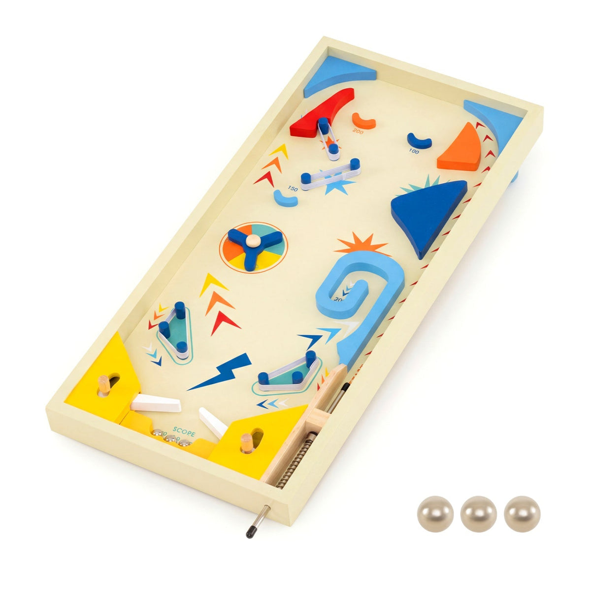 Wooden pinball machine with colorful design, 3 balls for kids 8+ and adults, made of wood, featuring bumpers and scoring areas.