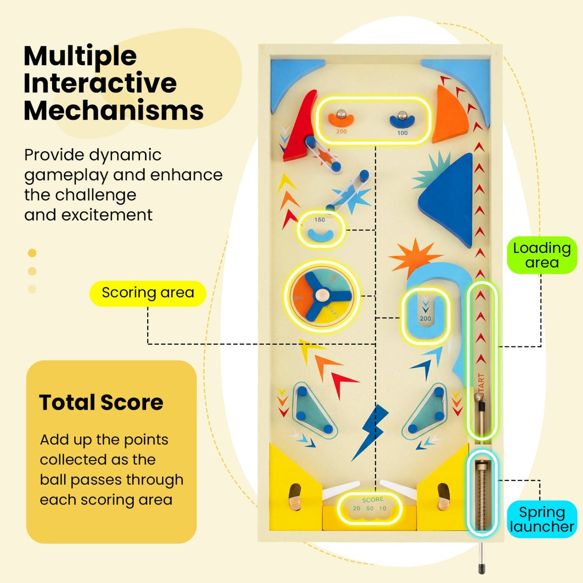 Wooden pinball machine with 3 balls, designed for kids 8+ and adults, featuring colorful wooden components and a playful design.