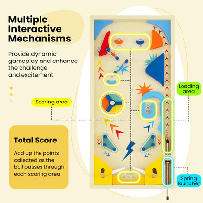 Wooden pinball machine with three balls, suitable for kids 8+ and adults, featuring colorful game elements and classic design.