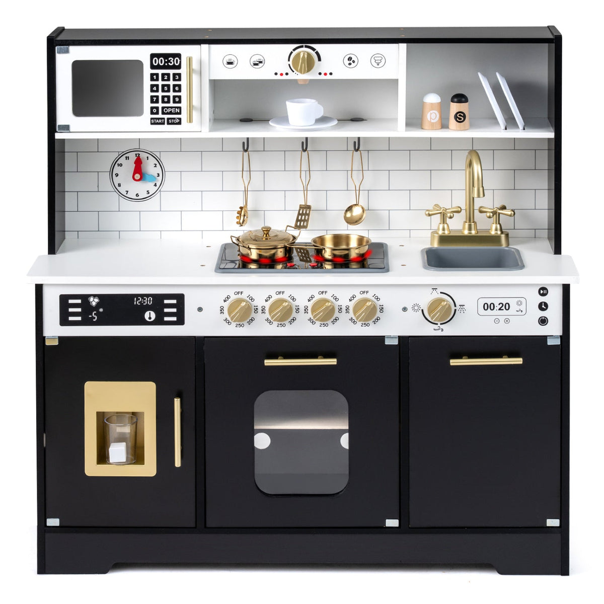 Wooden play kitchen for kids with realistic lights and sounds, featuring a stove, sink, and storage from GBruno Store