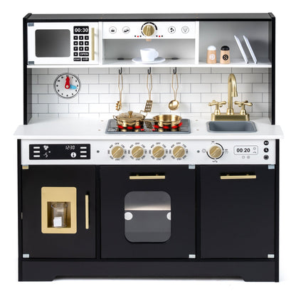Wooden play kitchen for kids with realistic lights and sounds, featuring a stove, sink, and storage from GBruno Store