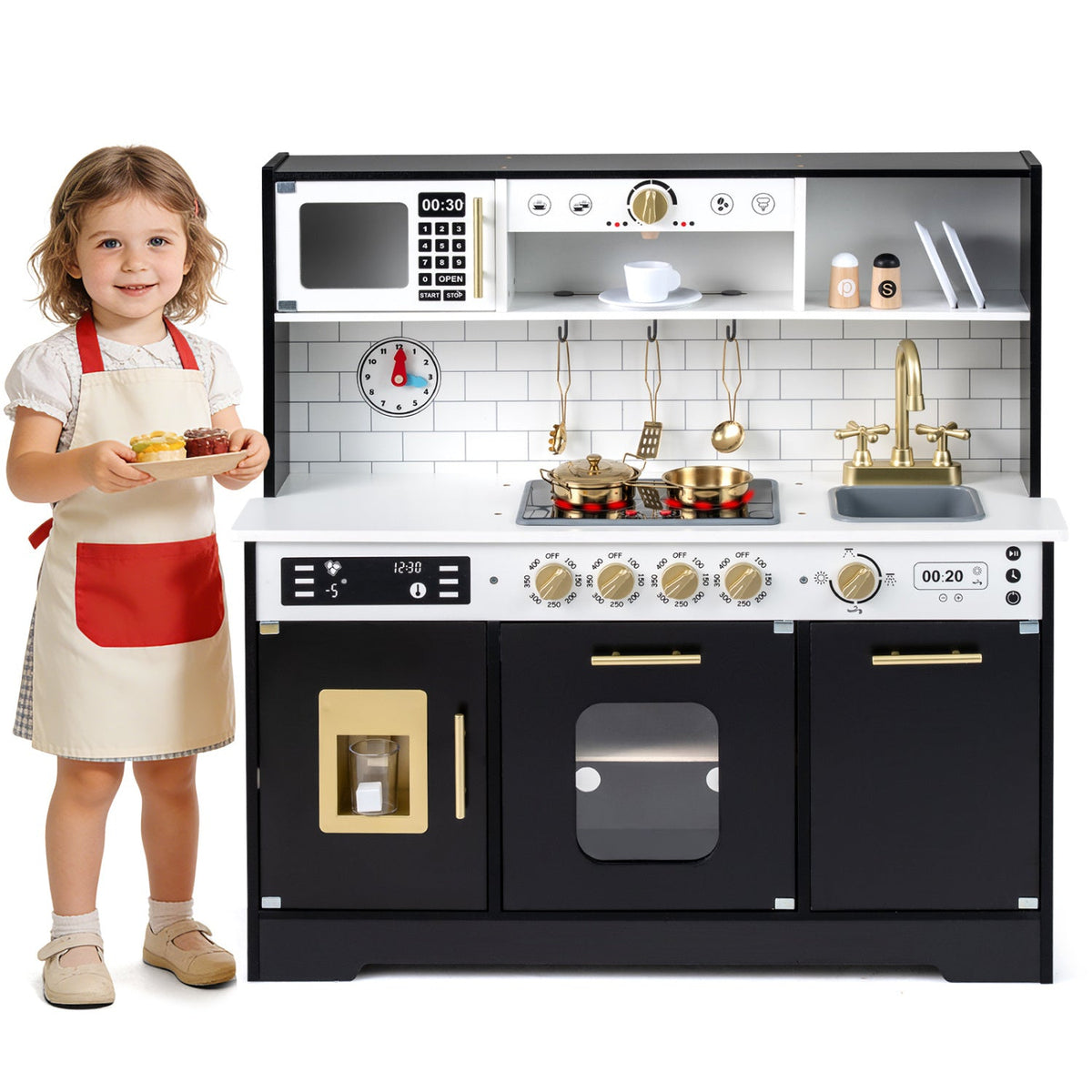 Wooden play kitchen for kids with realistic lights and sounds, featuring oven, stove, and sink for imaginative play.
