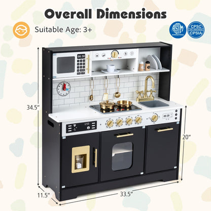 Wooden kids' play kitchen by GBruno Store featuring realistic lights, sounds, stove, sink, and oven for imaginative play.