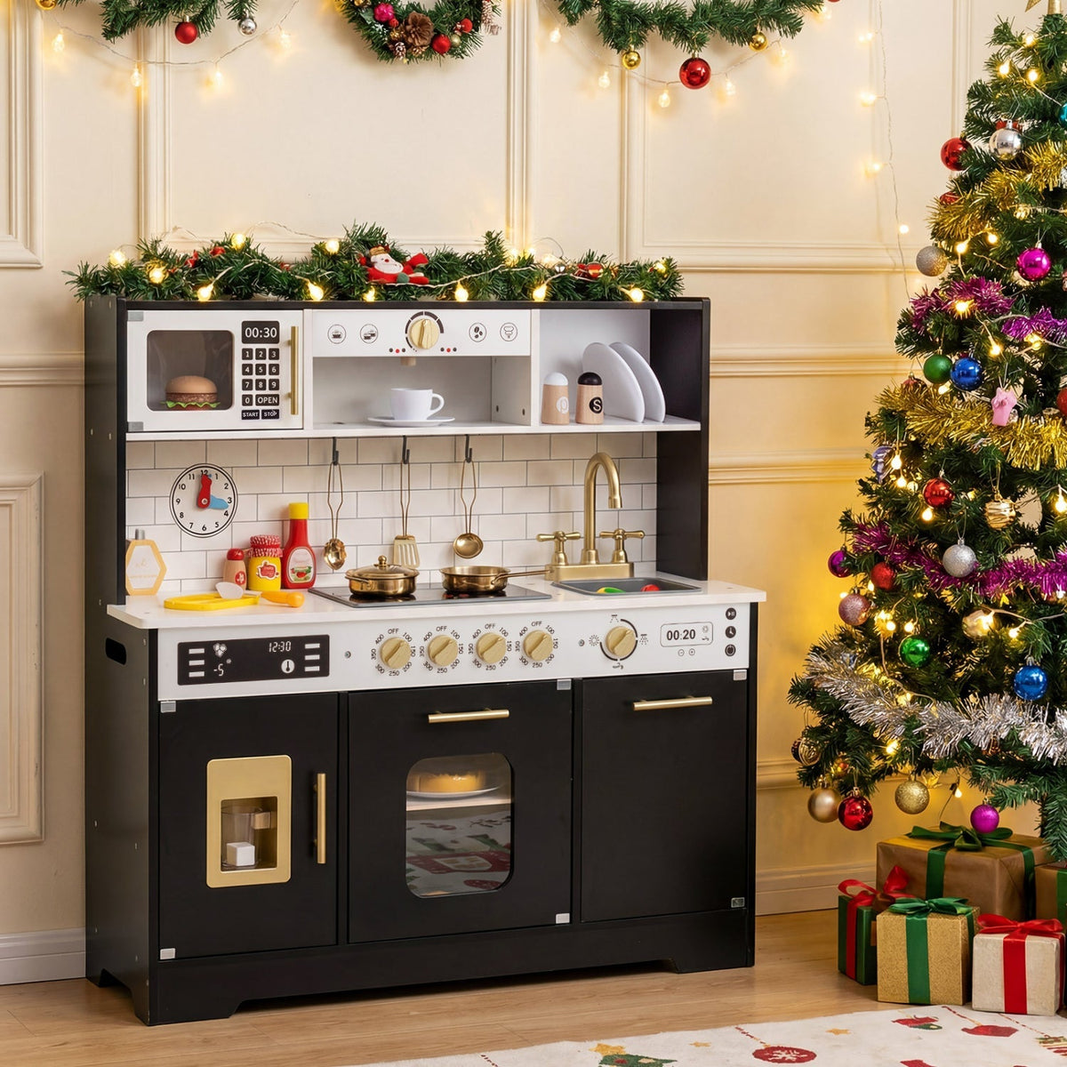 Wooden play kitchen for kids with realistic lights and sounds, featuring stove, oven, and sink in natural wood finish.