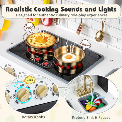 Wooden play kitchen for kids with realistic lights, sounds, and appliances, made by GBruno Store, designed for imaginative play.