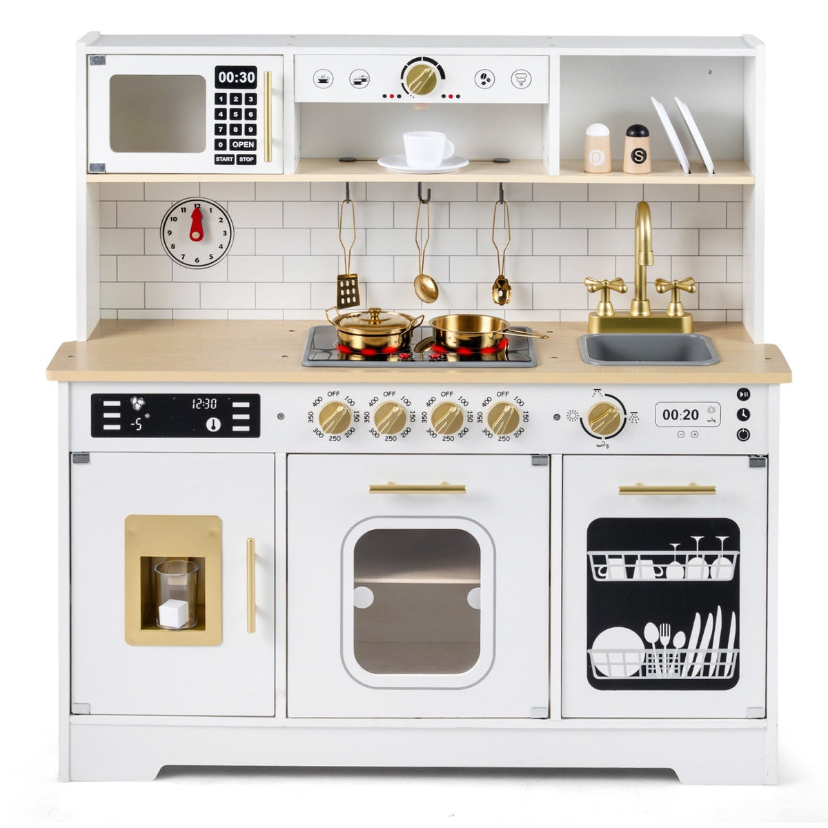 Wooden play kitchen for kids with realistic lights, sounds, and detailed appliances, perfect for imaginative pretend play.