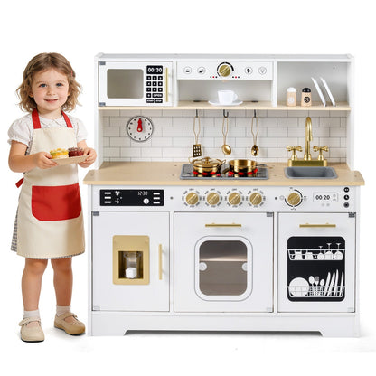 Wooden play kitchen for kids with realistic lights and sounds, featuring stove, oven, and sink for imaginative role play.