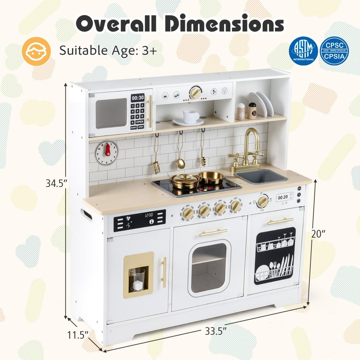 Wooden play kitchen for kids with realistic lights and sounds, featuring stove, sink, and storage from GBruno Store.