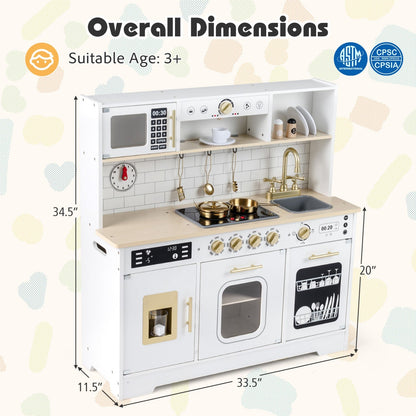 Wooden play kitchen for kids with realistic lights and sounds, featuring stove, sink, and storage from GBruno Store.