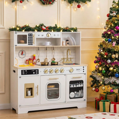 Wooden play kitchen for kids with realistic lights and sounds, featuring stove, oven, and sink in a colorful design.