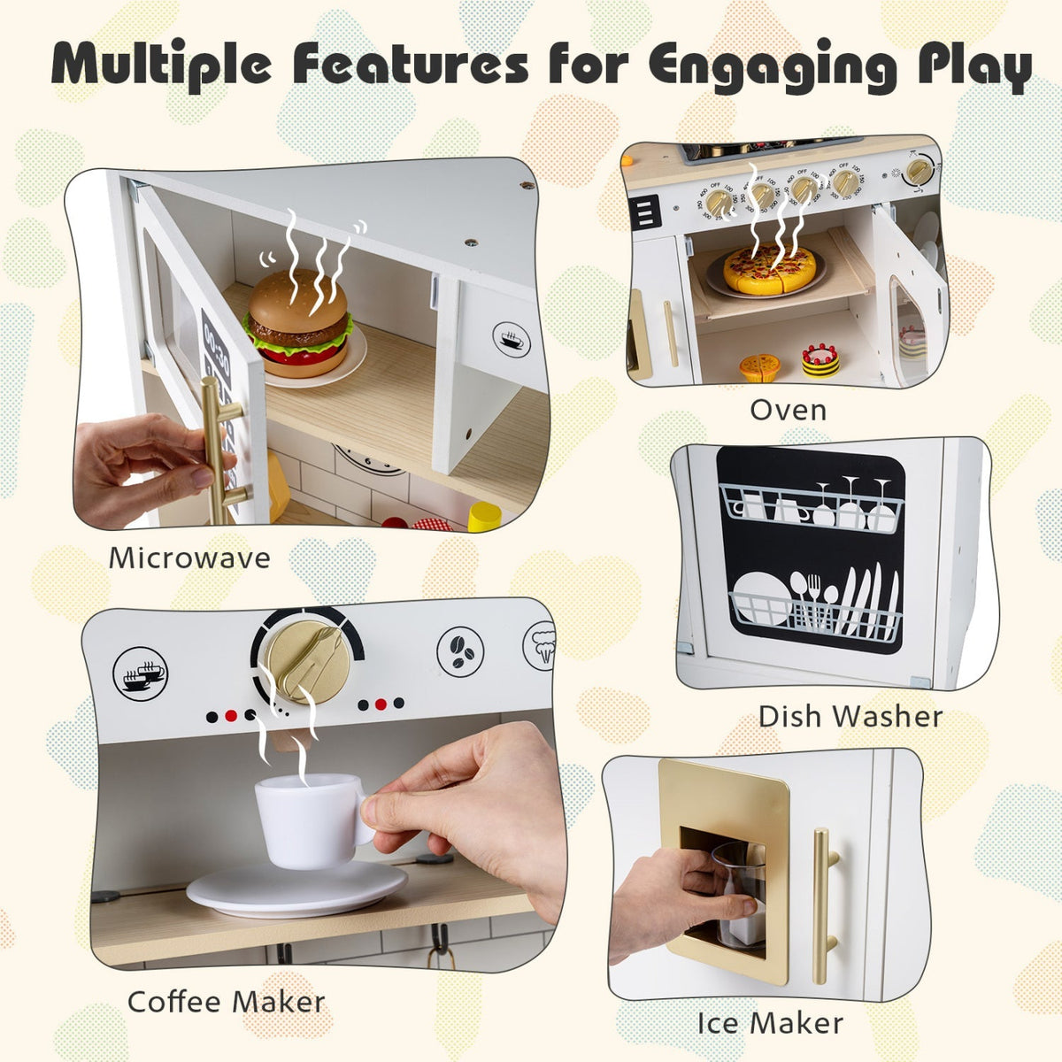 Wooden play kitchen for kids with realistic lights, sounds, and accessories, designed by GBruno Store for imaginative pretend play.