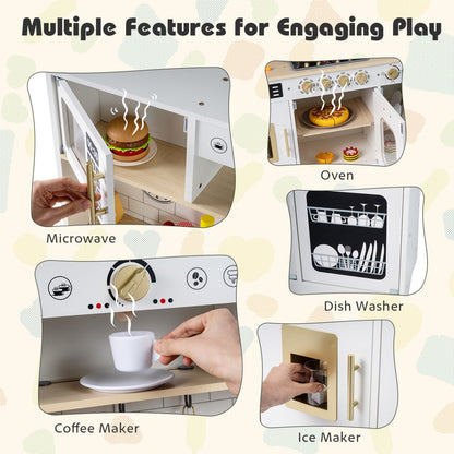 Wooden play kitchen for kids with realistic lights, sounds, and accessories, designed by GBruno Store for imaginative pretend play.