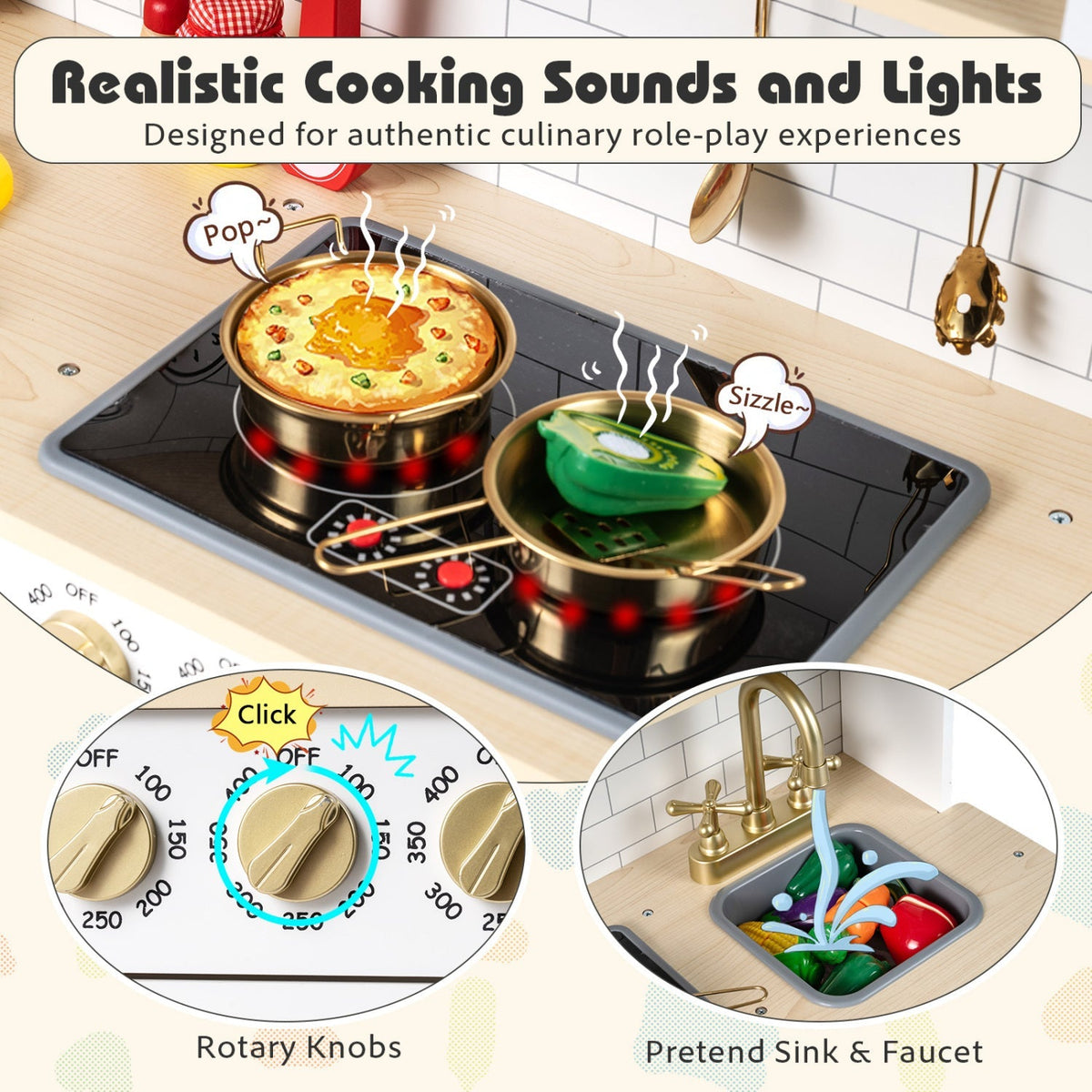 Wooden play kitchen for kids with realistic lights, sounds, and multiple appliances, designed for imaginative pretend play.