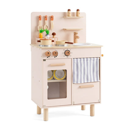 Wooden play kitchen set for kids with stove, sink, and faucet, featuring realistic cooking accessories and natural wood finish.